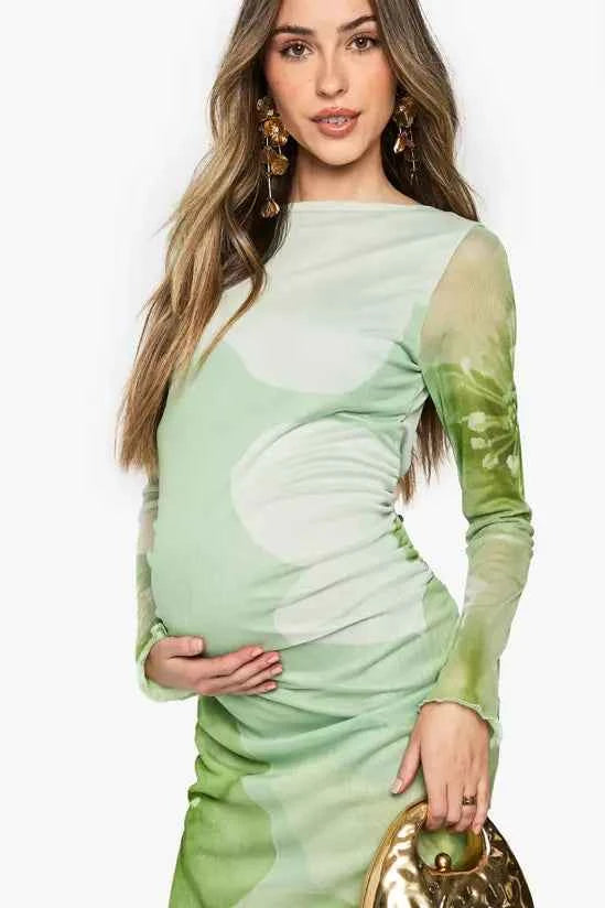 Boohoo - Maternity Floral Mesh Ruched Maxi Dress