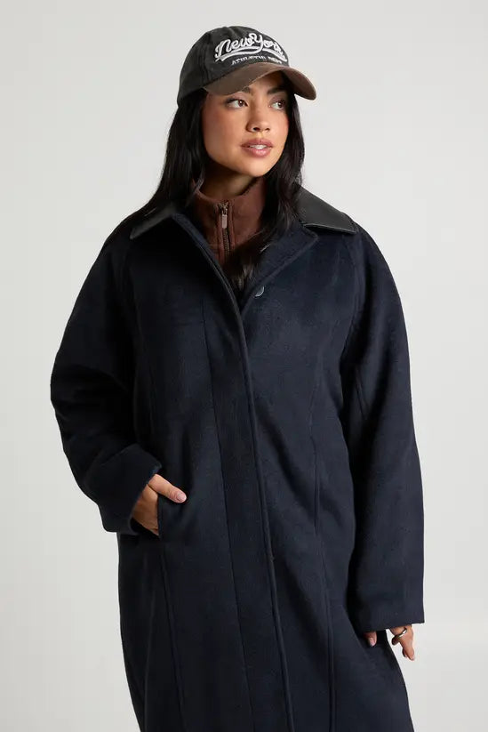 boohoo Faux Leather Collar Longline Wool Look Jacket