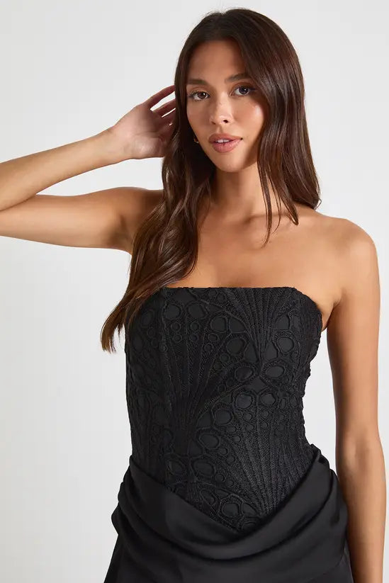 boohoo Textured Sheer Floral Lace Corset Drape Mini Dress