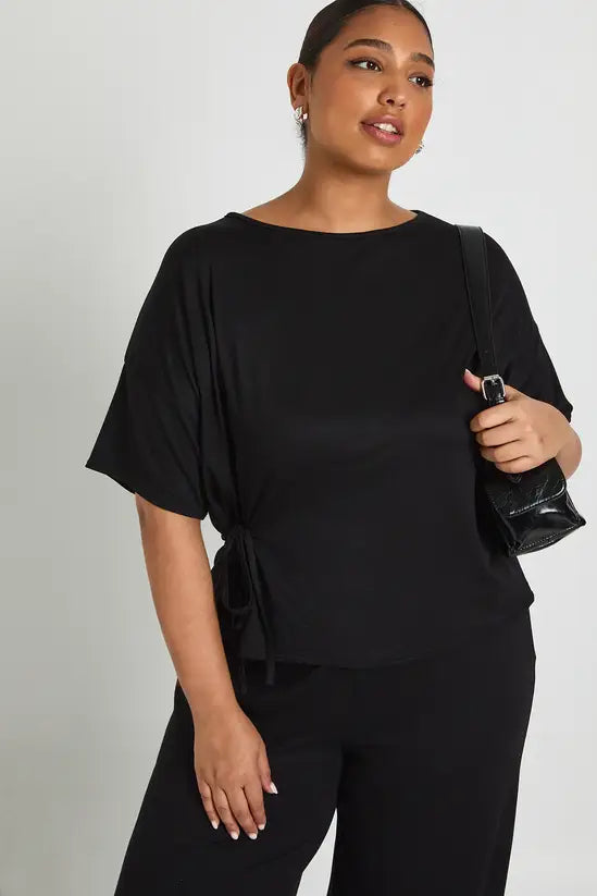 boohoo Plus Side Tie Detail T shirt And Wide Leg Trouser & Top SET