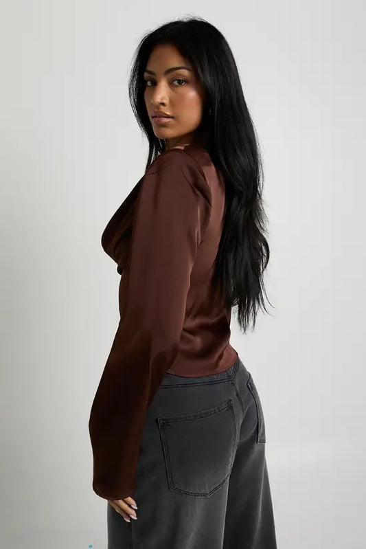 boohoo Long Sleeve Satin Cowl Neck Top