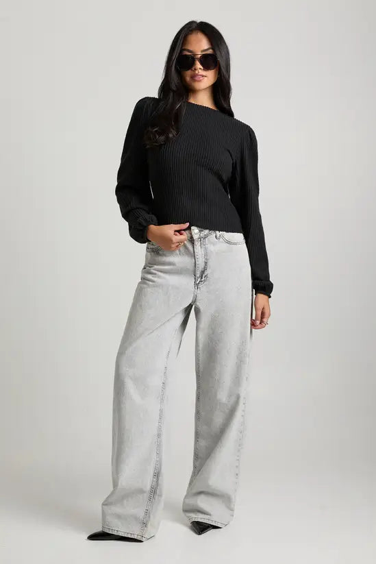 boohoo Brushed Rib Tie Back Detail Long Sleeve Top