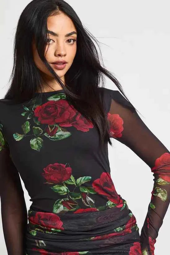 boohoo Petite Rose Printed Mesh Drape Waist Mini Dress