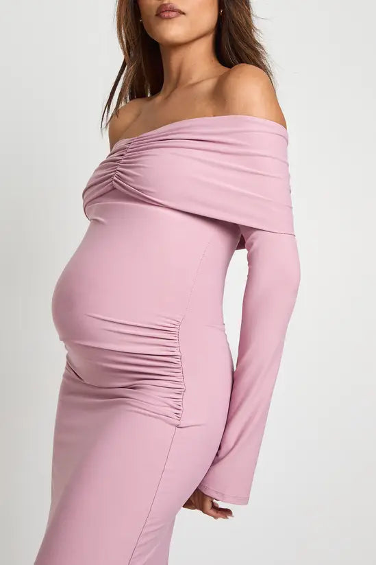 boohoo Maternity Bardot Ruched Flare Sleeve Maxi Dress