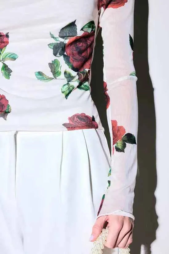 boohoo Rose Print Mesh Cowl Neck Long Sleeve Top
