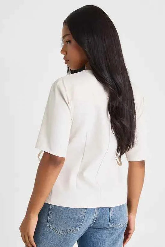 boohoo Woven Marl Bow Detail Cinch Waist Top