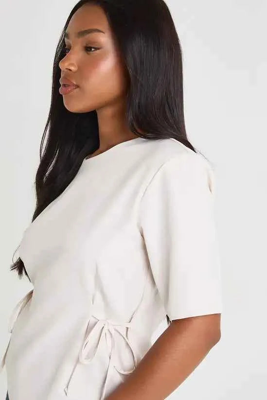 boohoo Woven Marl Bow Detail Cinch Waist Top