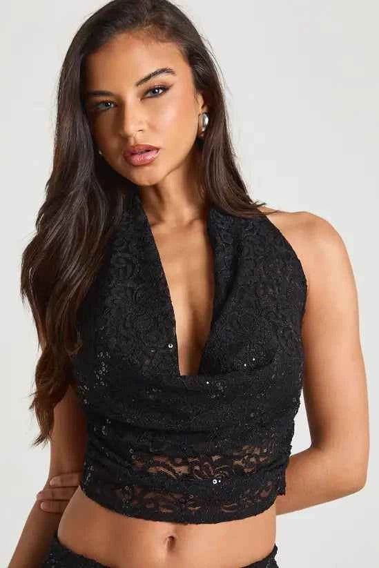 boohoo Sequin Lace Cowl Neck Top