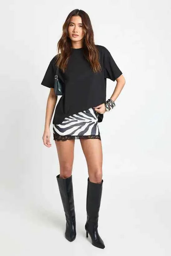 boohoo Zebra Print Mesh Low Rise Lace Trim Mini Skirt