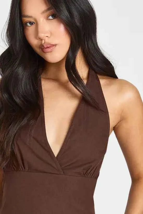 boohoo Petite Cotton Poplin Halter Neck Pleated Mini Dress