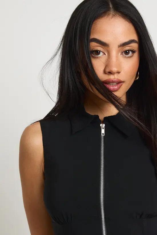 boohoo Bengaline Zip Up Frill Hem Shirt Dress