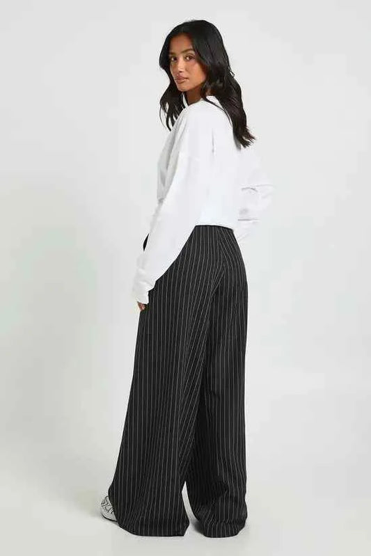 boohoo Petite Drawstring Stripe Wide Leg Trousers