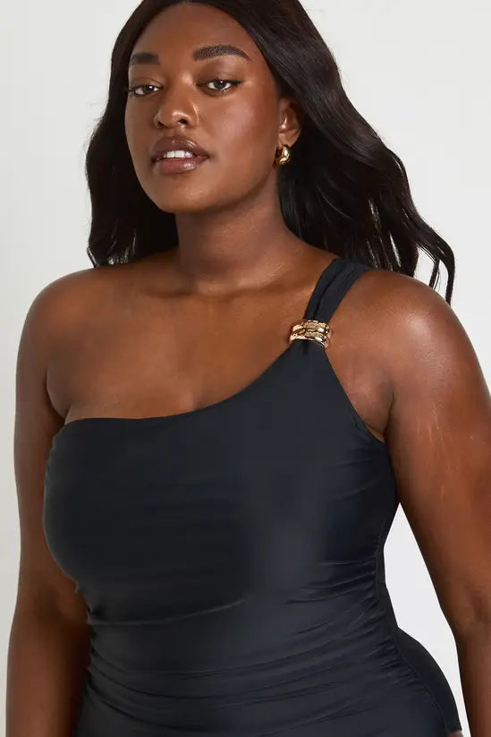 boohoo Plus Gold Trim One Shoulder Ruched Swimsuit