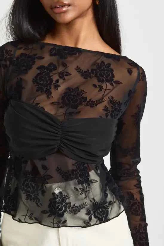 boohoo Floral Flocked Mesh Twist Front Crop Top