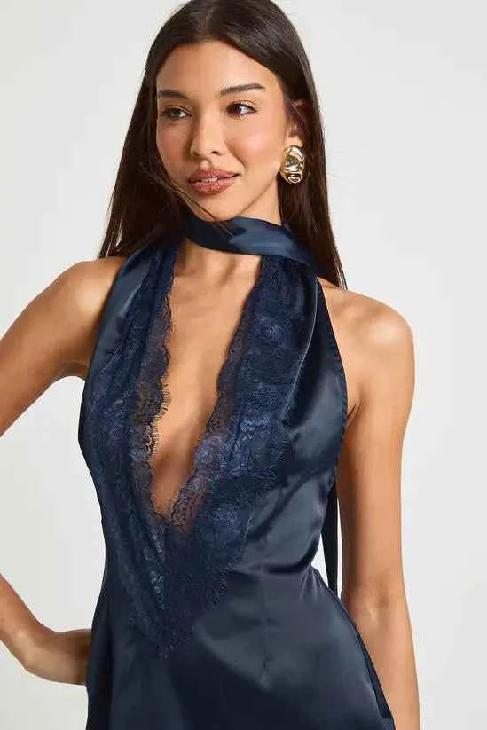 Boohoo - Satin & Lace Scarf Detail Mini Dress