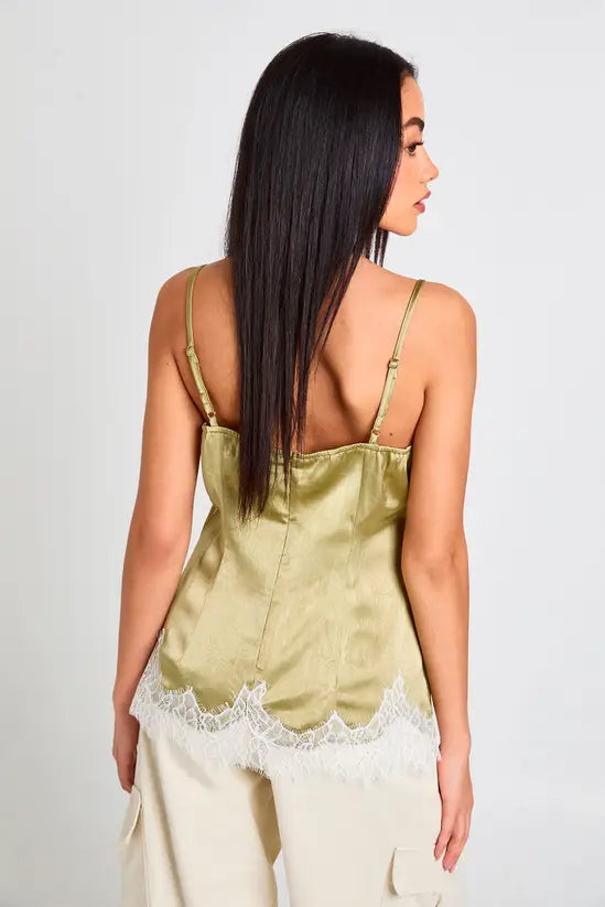 boohoo Hammered Satin Lace Trim Cami Top