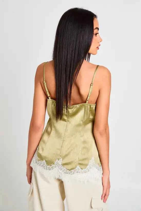 boohoo Hammered Satin Lace Trim Cami Top