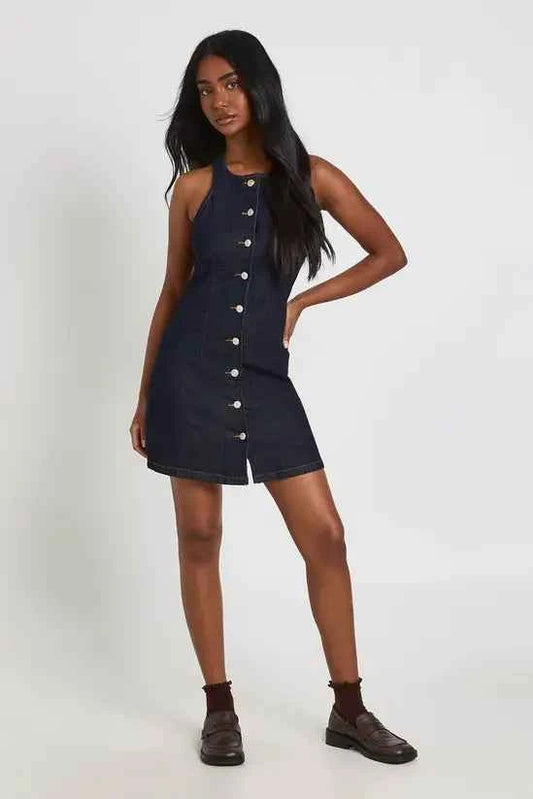 Boohoo - Sleeveless Cinched Waist Denim Mini Dress