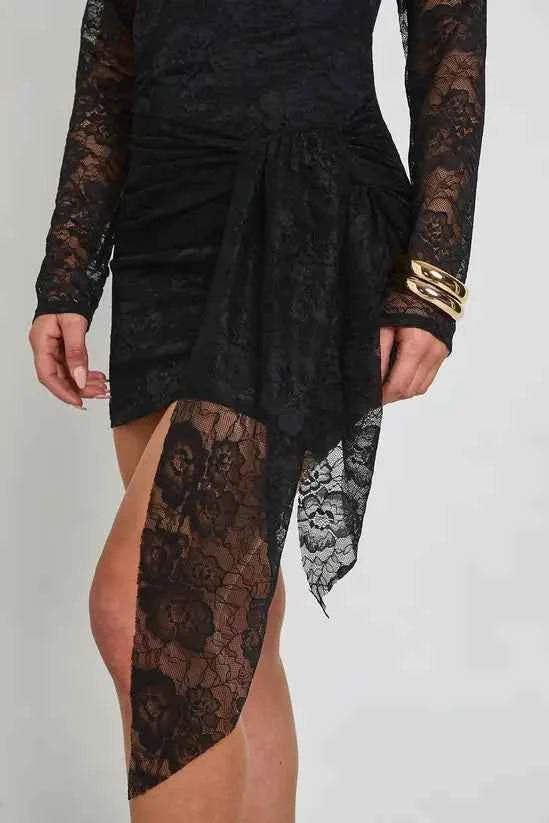 boohoo Lace Plunge Front Tie Waist Bodycon Dress