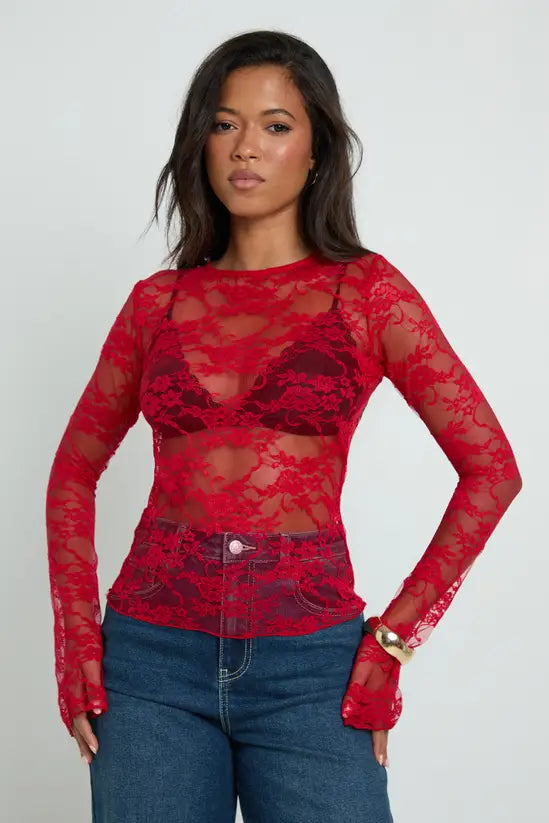 boohoo Lace Boat Neck Flare Sleeve Top