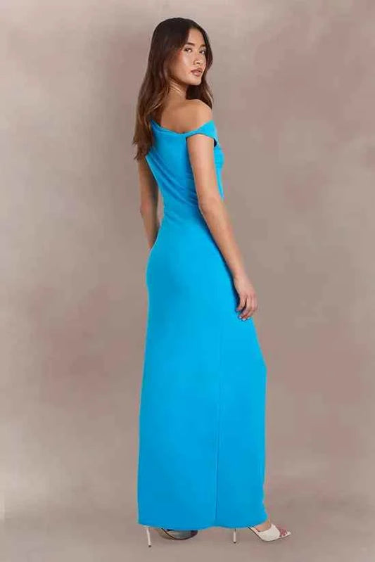 boohoo Double Layer Asym Neck Slinky Drape Front Maxi Dress