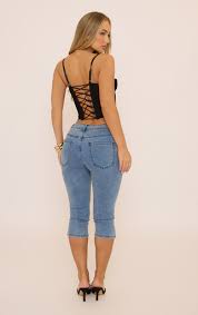 Ego Low Rise Seam Detail Capri Jeans In Washed Blue Denim