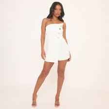 Ego - Asymmetric Bandeau Button Front Stretch Crepe Playsuit In White