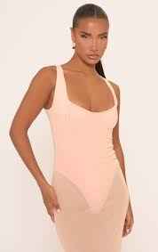 Scoop Neck Bodysuit Insert Maxi Dress In Nude Mesh