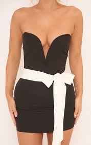 Ego - Plunge Front Bandeau Contrast Belted Mini Dress In Black