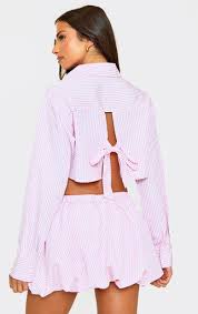 Ego - Long Sleeve Open Tie Back Detail Cropped Shirt In Pink Stripe
