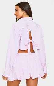 Ego - Long Sleeve Open Tie Back Detail Cropped Shirt In Pink Stripe