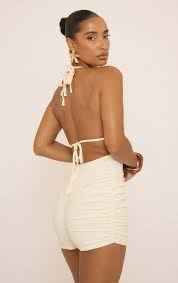 Ego - Plunge Halterneck Gathered Side Detail Micro Playsuit In Cream Textured