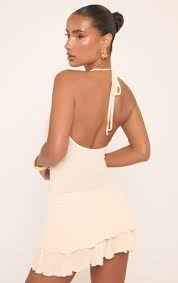 Ego - Plunge Halterneck Layered Sheer Mini Dress In Nude Mesh