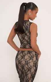 Ego - High Neck Cut Out Sleeveless Crop Top In Black Lace