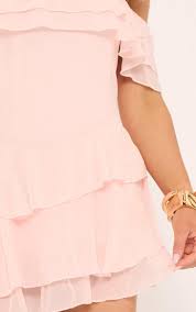 Ego - Bardot Frill Detail Asymmetric Mini Dress In Pink Chiffon