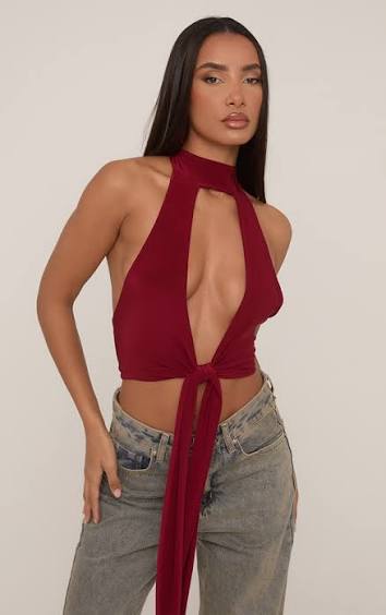 Ego - Sleeveless High Plunge Neck Drape Front Crop Top In Burgundy Slinky
