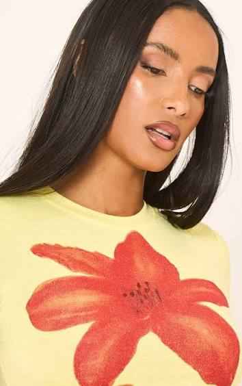 Ego - Short Sleeve Floral Print Cropped Baby Tee In Yellow