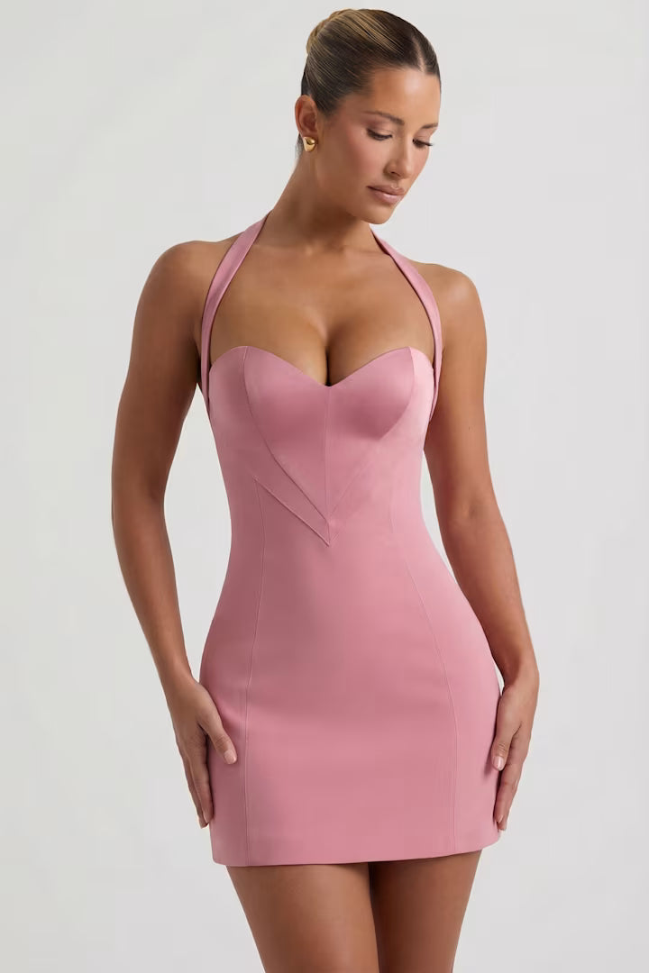 Ohpolly Heart-Detail Halterneck A-Line Mini Dress in Dusty Pink