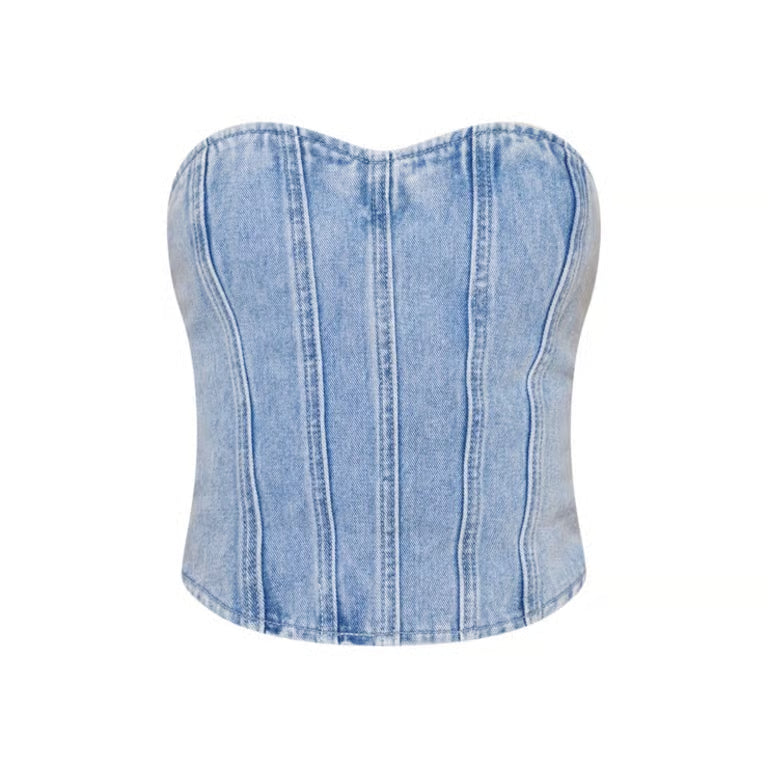 Plt - Acid Blue Wash Seam Detail Denim Corset Top