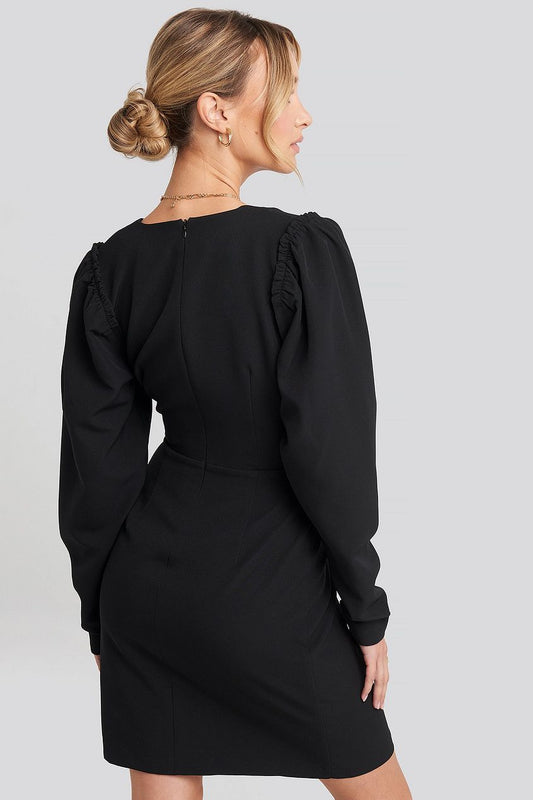 Deep V-Neck Puff Long Sleeve Mini Dress