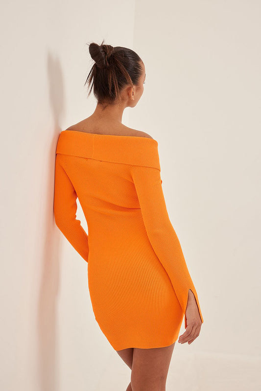Folded Off Shoulder Knitted Mini Dress