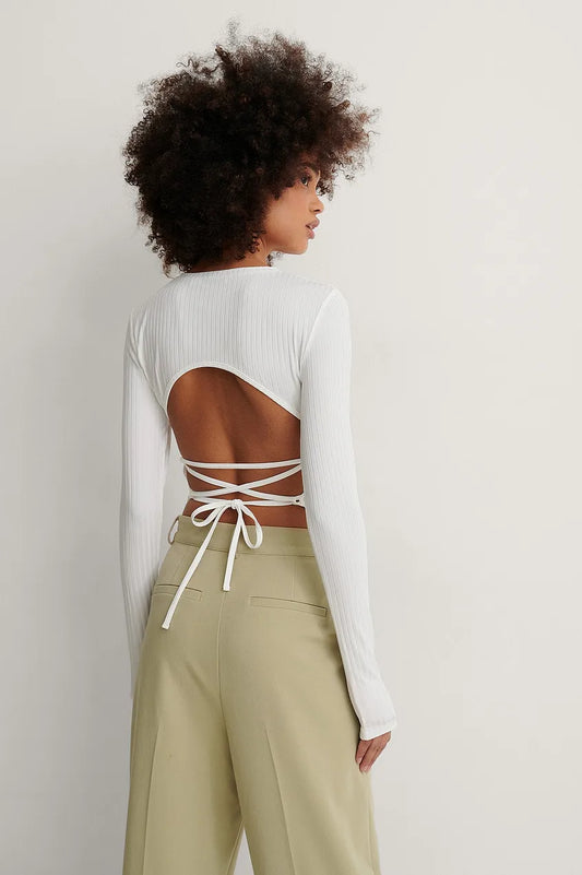 Open Back Rib Lace Detail Top Offwhite