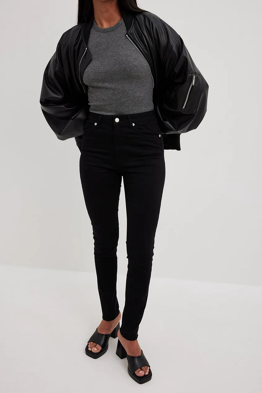 Skinny High Waist Open Hem Jeans Black