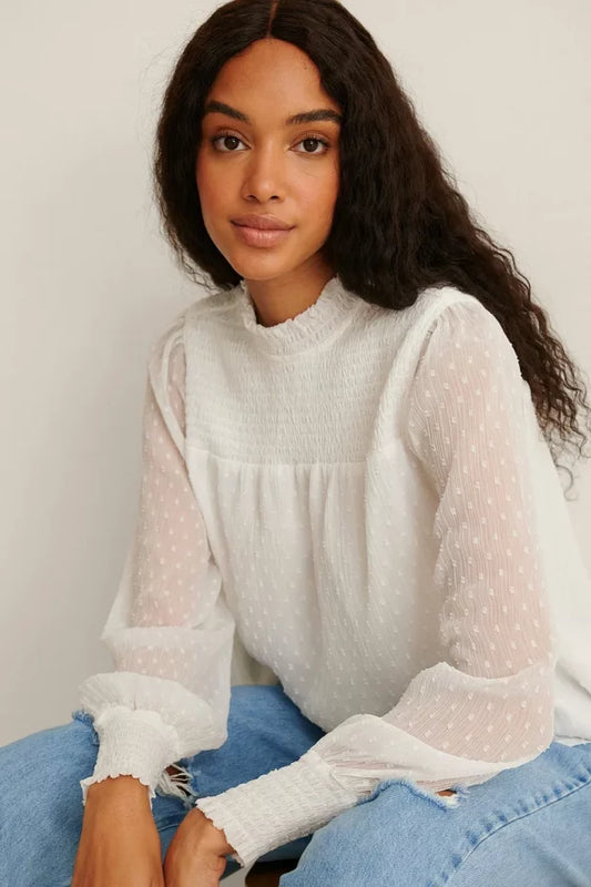 Dobby Smocked Frill Neck Blouse White