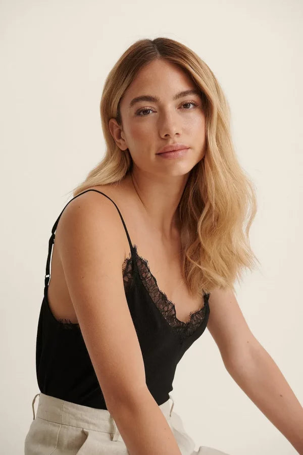 Recycled Lace Detail Crepe Singlet Black