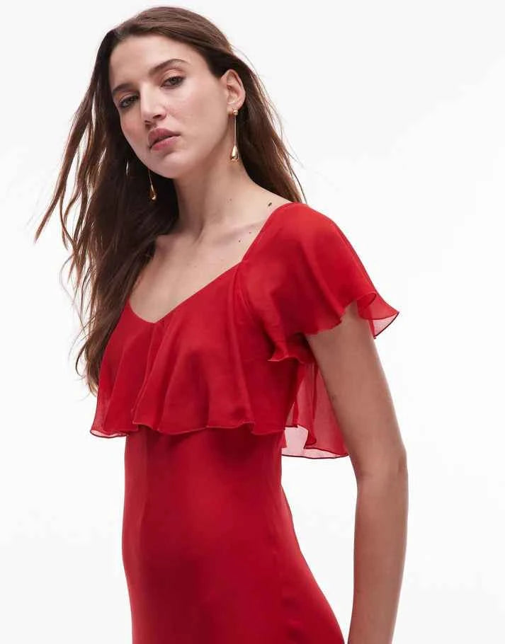 & Other Stories asymmetric midaxi dress with tiered ruffles in red
