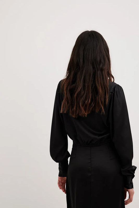 Overlap LS Satin Blouse Black
