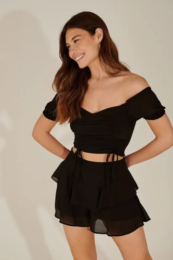 Recycled Drawstring Detail Off Shoulder Top Black