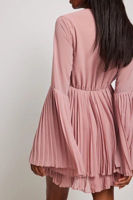 Pleated V-neck Mini Dress Pink