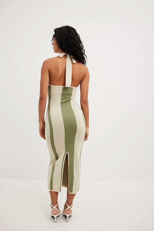 Striped Knitted Halterneck Midi Dress